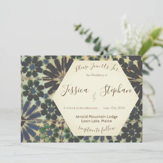 Geometrisch blauw Tegels bruiloft uitnodiging (Staand voorkant)