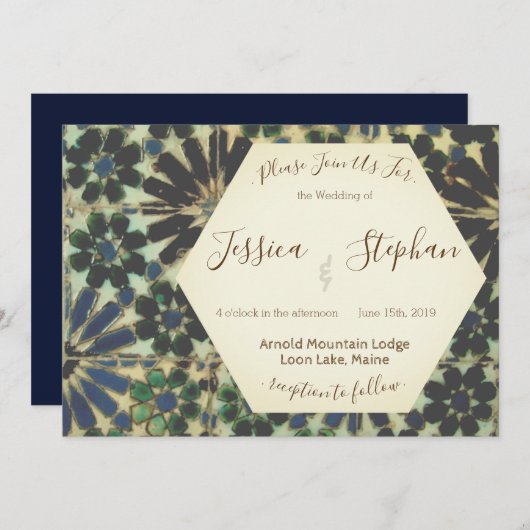 Geometrisch blauw Tegels bruiloft uitnodiging (Voorkant / Achterkant)