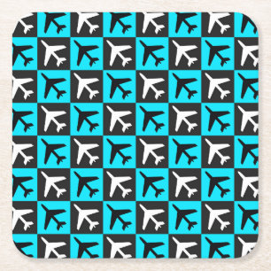 Geometrisch Blauw Zwart Luchtvaart Jets Vliegtuig Vierkante Kartonnen Onderzetter