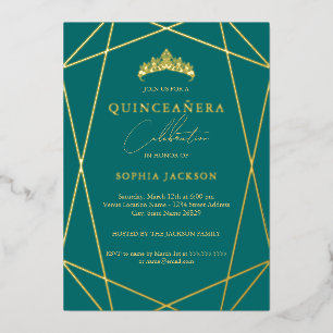 Geometrisch Blauwgroen Goud Elegant Quinceanera Fo Folie Uitnodiging