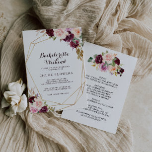 Geometrisch Bourgondisch Bloemen Bachelorette Week Kaart