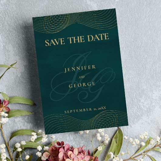 Geometrisch donkergroen goud monogram Save The Dat Save The Date