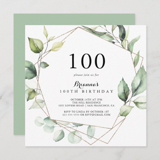 Geometrisch Elegant Goud Groen 100e Verjaardagsfee Kaart (Voorkant / Achterkant)