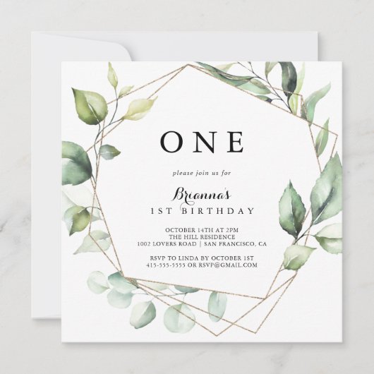 Geometrisch Elegant Goud Groen Eerste Verjaardagsf Kaart (Voorkant)