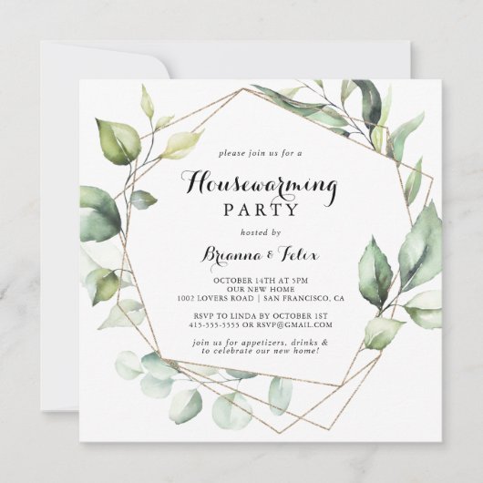 Geometrisch Elegant Goud Groen Housewarming Party Kaart (Voorkant)