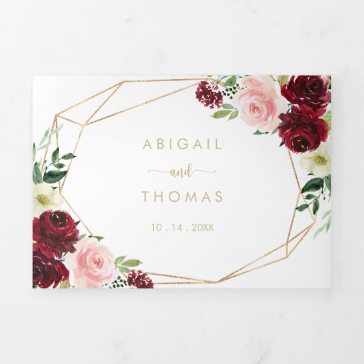 Geometrisch Goud Bourgogne Lente Bloemen Bruiloft Drieluik Uitnodiging (Cover)