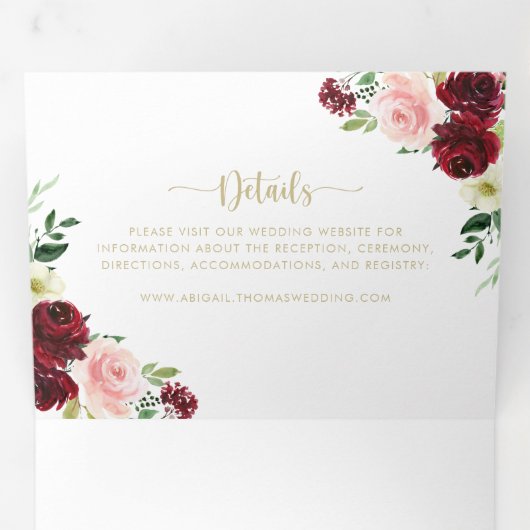 Geometrisch Goud Bourgogne Lente Bloemen Bruiloft Drieluik Uitnodiging (Binnenzijde eerst)