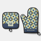 Geometrisch goud- en blauw patroon ovenwant & pannenlap set (Voorkant)