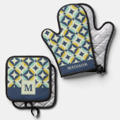 Geometrisch goud- en blauw patroon ovenwant & pannenlap set (Voorkant / Achterkant)