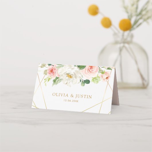 Geometrisch goud en blush bloemenbruiloftskaart (Achterkant)