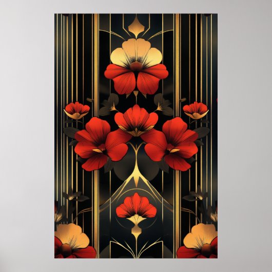 Geometrisch goud en rode bloemen deco poster (Voorkant)