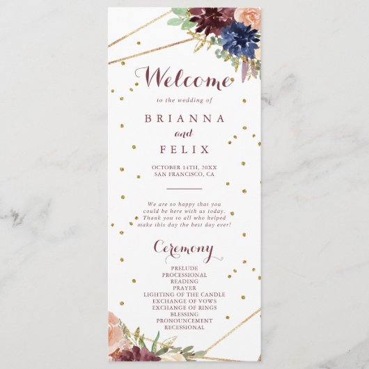 Geometrisch Goud Glitter Kalligrafie Huwelijksprog Programma (Voorkant)