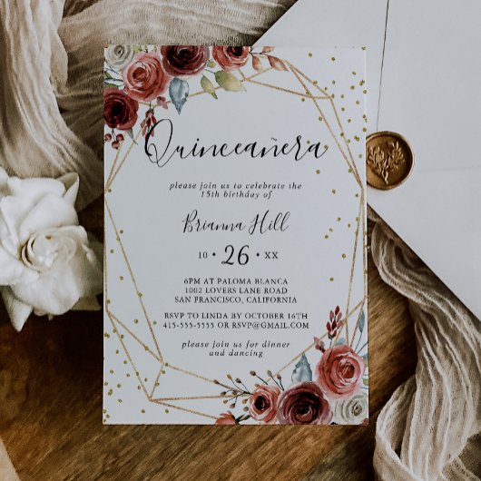 Geometrisch Goud Glitter Lente Bloemen Quinceañera Kaart