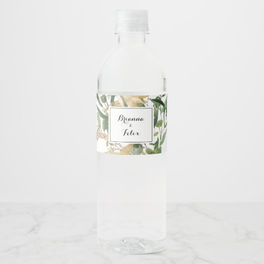 Geometrisch Goud Groen Bladgroen Bruiloft Waterfles Etiket (Voorkant)