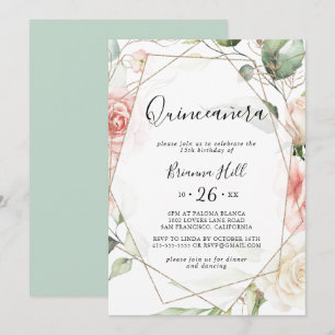 Geometrisch goud groen gebladerte bloemen quinceañ kaart