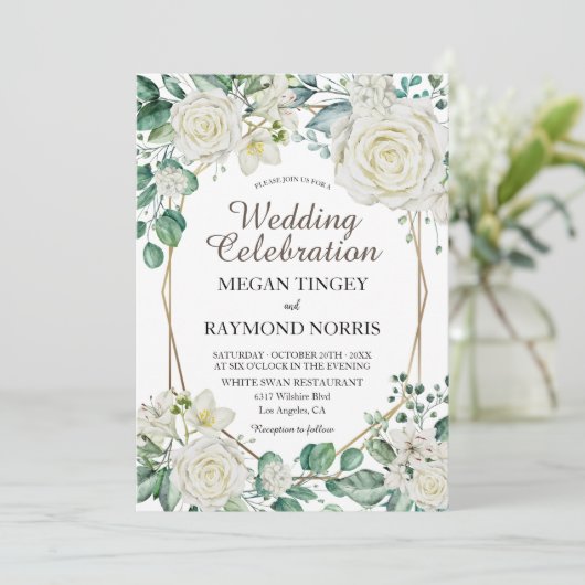 Geometrisch Goud Groen & Wit Rozen Rustiek Kaart (Staand voorkant)