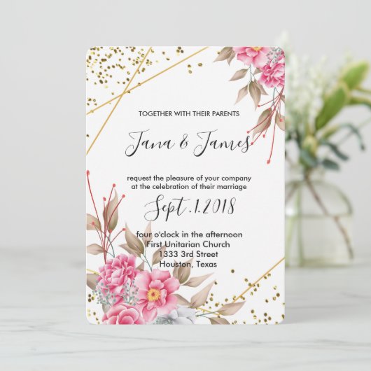 Geometrisch Goud Lijst Roze Bloemen bruiloft Kaart (Staand voorkant)