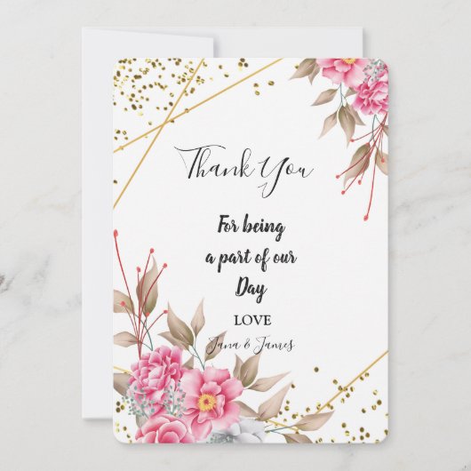 Geometrisch Goud Lijst Roze Bloemen dank u Kaart (Voorkant)