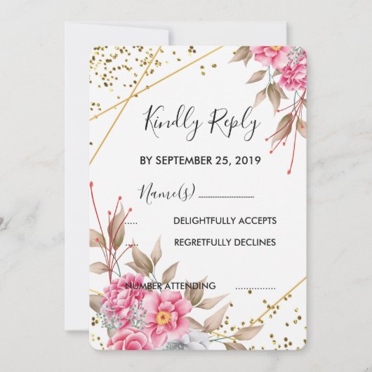 Geometrisch Goud Lijst Roze Bloemen RSVP Kaart (Voorkant)