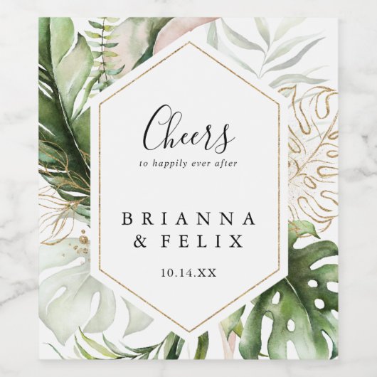 Geometrisch Goud Tropisch groen juicht bruiloft Wijn Etiket (Enkel label)