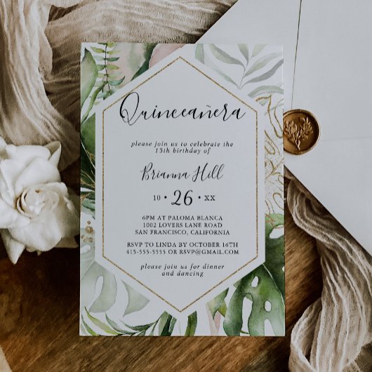 Geometrisch goud Tropisch groen Quinceañera Kaart