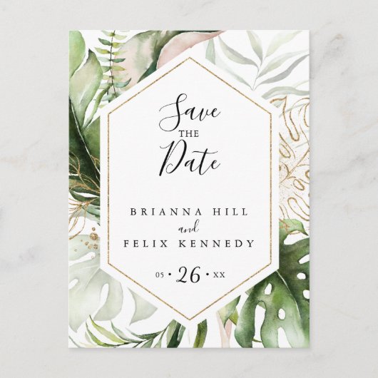 Geometrisch Goud Tropisch groen Sla de datum op Briefkaart (Voorkant)