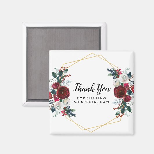 Geometrisch goudLijst Burgundy Winter Flowers Magneet (Voorkant / Achterkant)