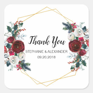 Geometrisch goudLijst Burgundy Winter Flowers Vierkante Sticker