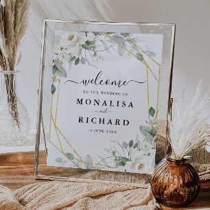 geometrisch goudwit floral bruiloft bord poster