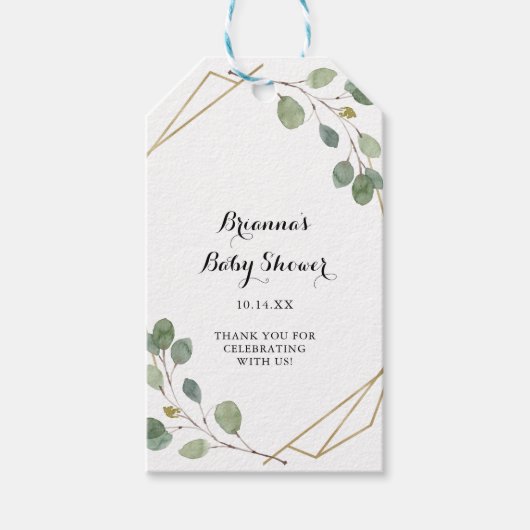 Geometrisch groen Eucalyptus gebladerte Baby showe Cadeaulabel (Voorkant)