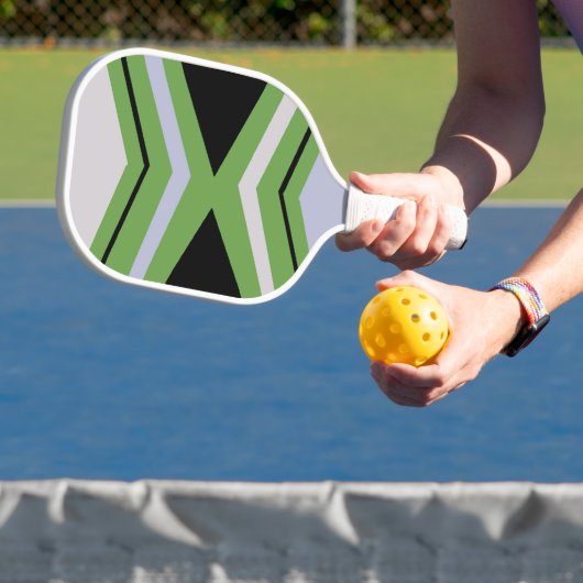 Geometrisch groen, grijs en blauw patroon pickleball paddle (Insitu)