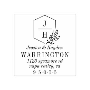 Geometrisch Leaf Monogram Lijst   Trouwadres Rubberstempel
