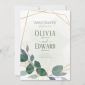 Geometrisch lijst groen en gouden bladeren save the date (Voorkant)