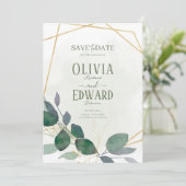 Geometrisch lijst groen en gouden bladeren save the date (Staand voorkant)