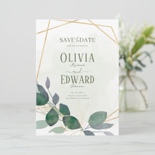 Geometrisch lijst groen en gouden bladeren save the date (Staand voorkant)
