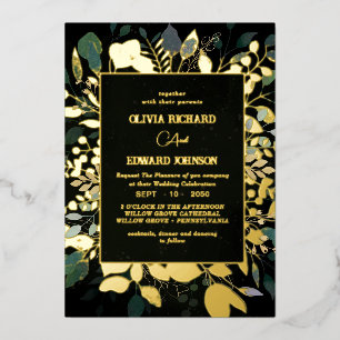 Geometrisch lijst groen en gouden gebladerte goud folie uitnodiging