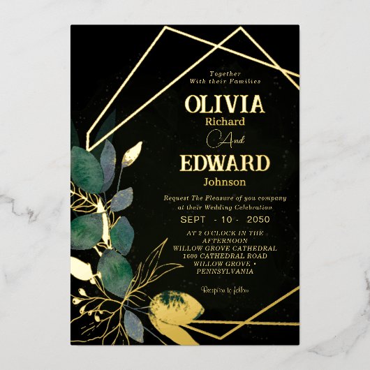 Geometrisch lijst groen verlof en goud Zwart Bruil Folie Uitnodiging (Voorkant)