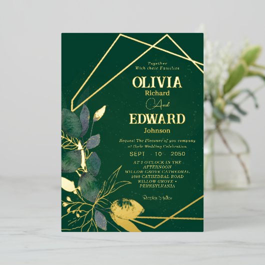 Geometrisch lijst groen verlof en gouden Folie bru Folie Uitnodiging (Staand Voorkant)