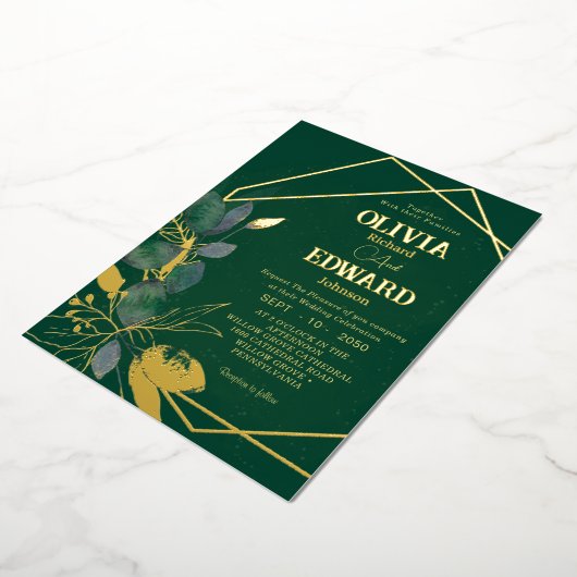 Geometrisch lijst groen verlof en gouden Folie bru Folie Uitnodiging (Gedraaid)
