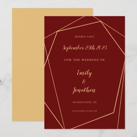 Geometrisch Lijst Script Bourgondië Gold Wedding S Save The Date (Voorkant / Achterkant)