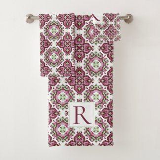 Geometrisch mediterraan paars mint patroon bad handdoek