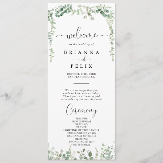 Geometrisch minimalistisch eucalyptus huwelijkspro programma (Voorkant)