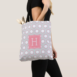 Geometrisch Mint en Koraal Patroon en Monogram Tote Bag