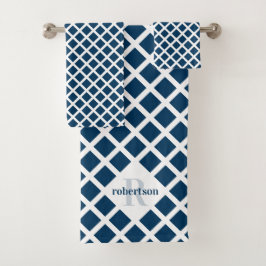 Geometrisch Modern Navy Blue Pattern Monogram Bad Handdoek