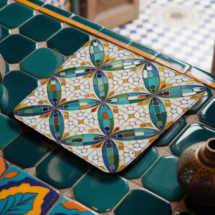 Geometrisch Mozaïek Tegel Patroon#5 Blauwgroen Wit Vierkante Kartonnen Onderzetter