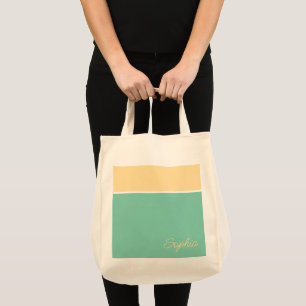 Geometrisch ontwerp, bleekgeel en turquoise, naam tote bag