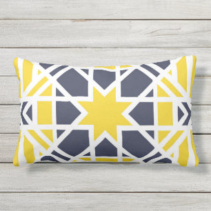 Geometrisch, ornamentaal, mosterdgeel, blauw buitenkussen