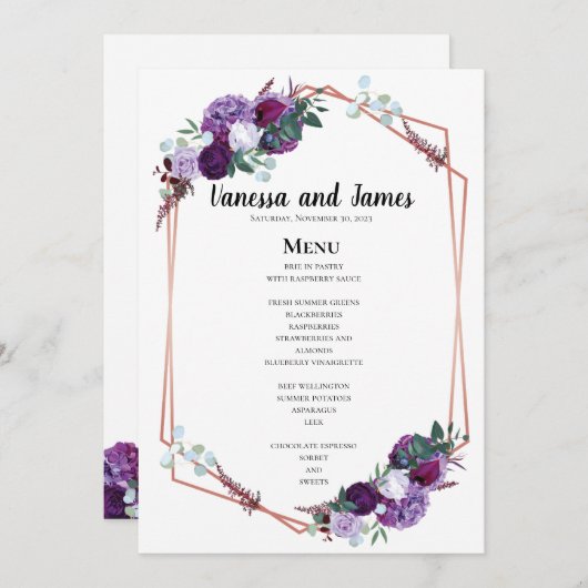 Geometrisch Paarse bloemmenu Menu (Voorkant / Achterkant)