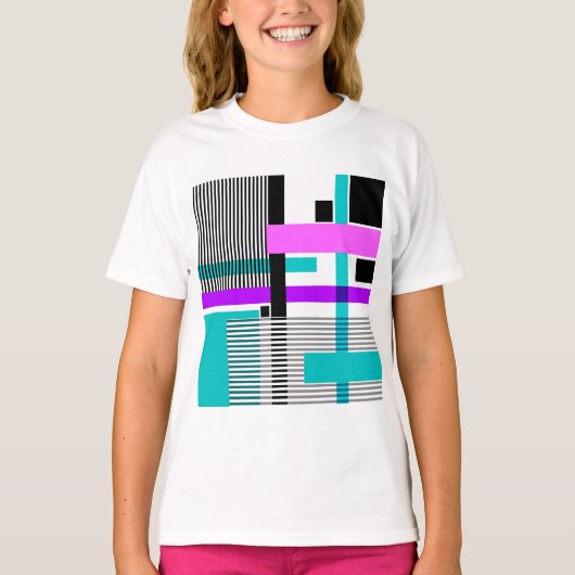 Geometrisch patroon in gestreepte en neon kleuren t-shirt (Voorkant)