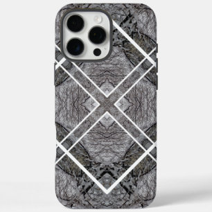 Geometrisch patroon met besneeuwde winterbomen iPhone 16 pro max hoesje